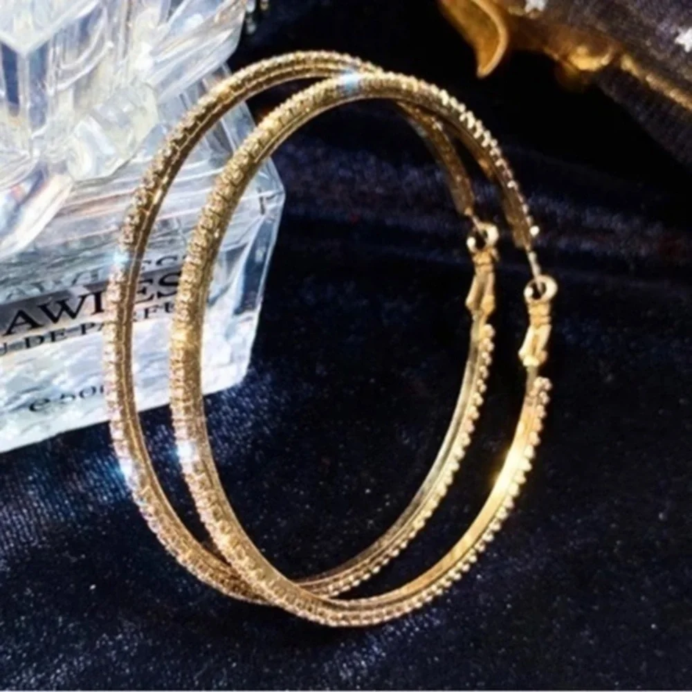 Yellow Gold CZ Pave Stone Large Hoops Hoop Earrings